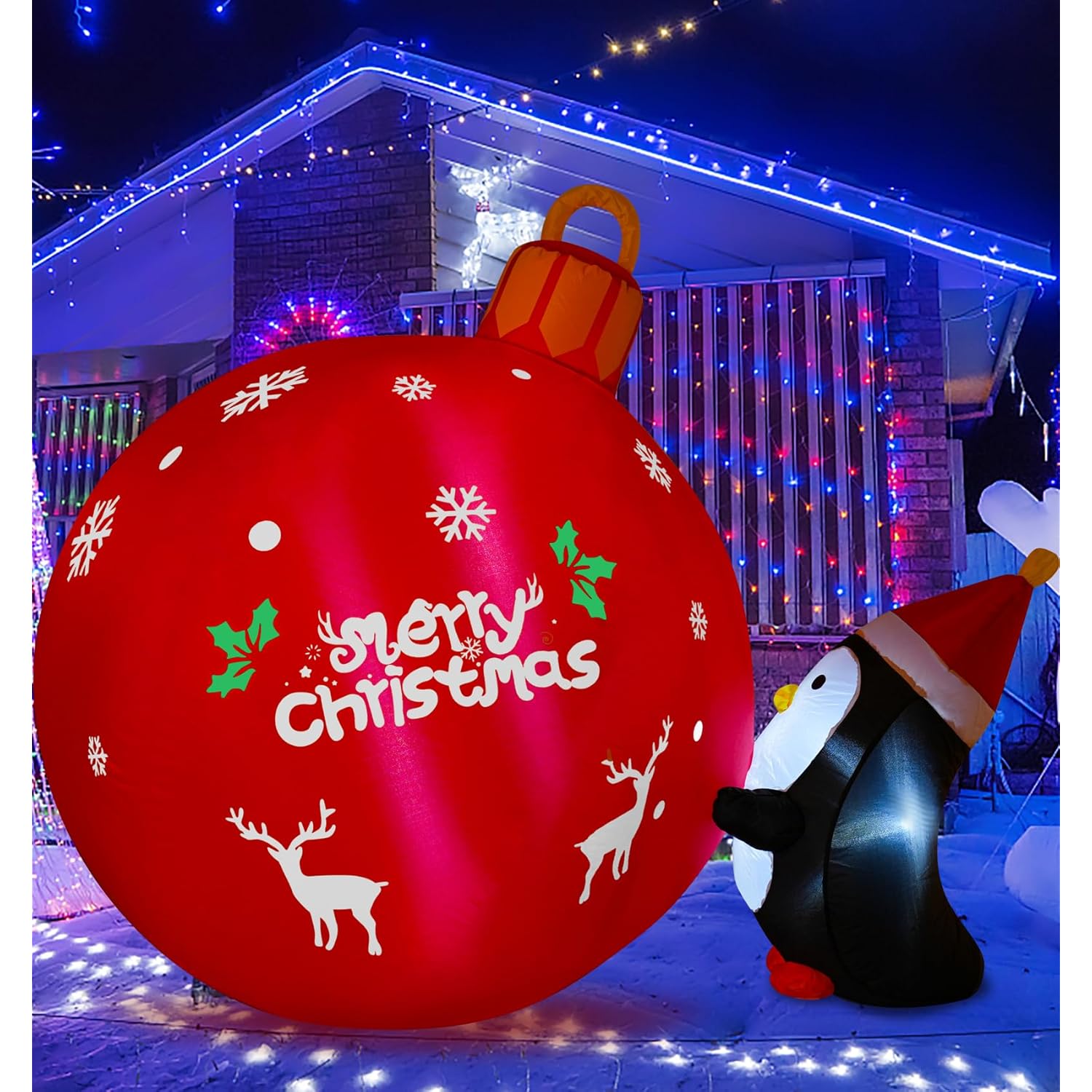 4Ft Christmas Inflatables Outdoor Decorations Inflatable Penguins Push Christmas Bell With Build-In Leds Blow Up Holiday