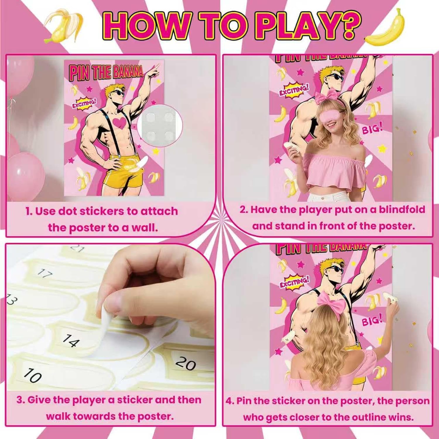 Bachelorette Party Games Pin The Banana On The Hunk Game Large Poster With 28Pcs Banana Stickers For Girls Night Wedding Engagement Party