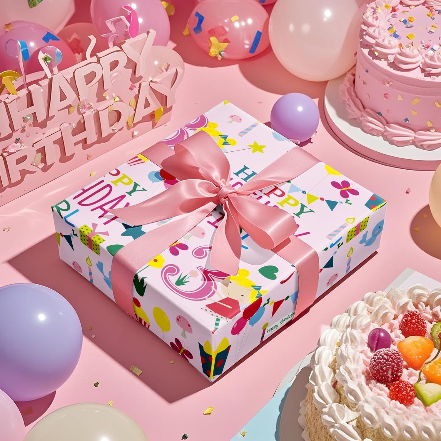 Happy 3Rd Birthday Wrapping Paper Roll For Girls, Mini Roll, Pink Happy Birthday Girl Pattern Design For Party And More, 17 Inches X 16.4 Feet, 3 Years Old