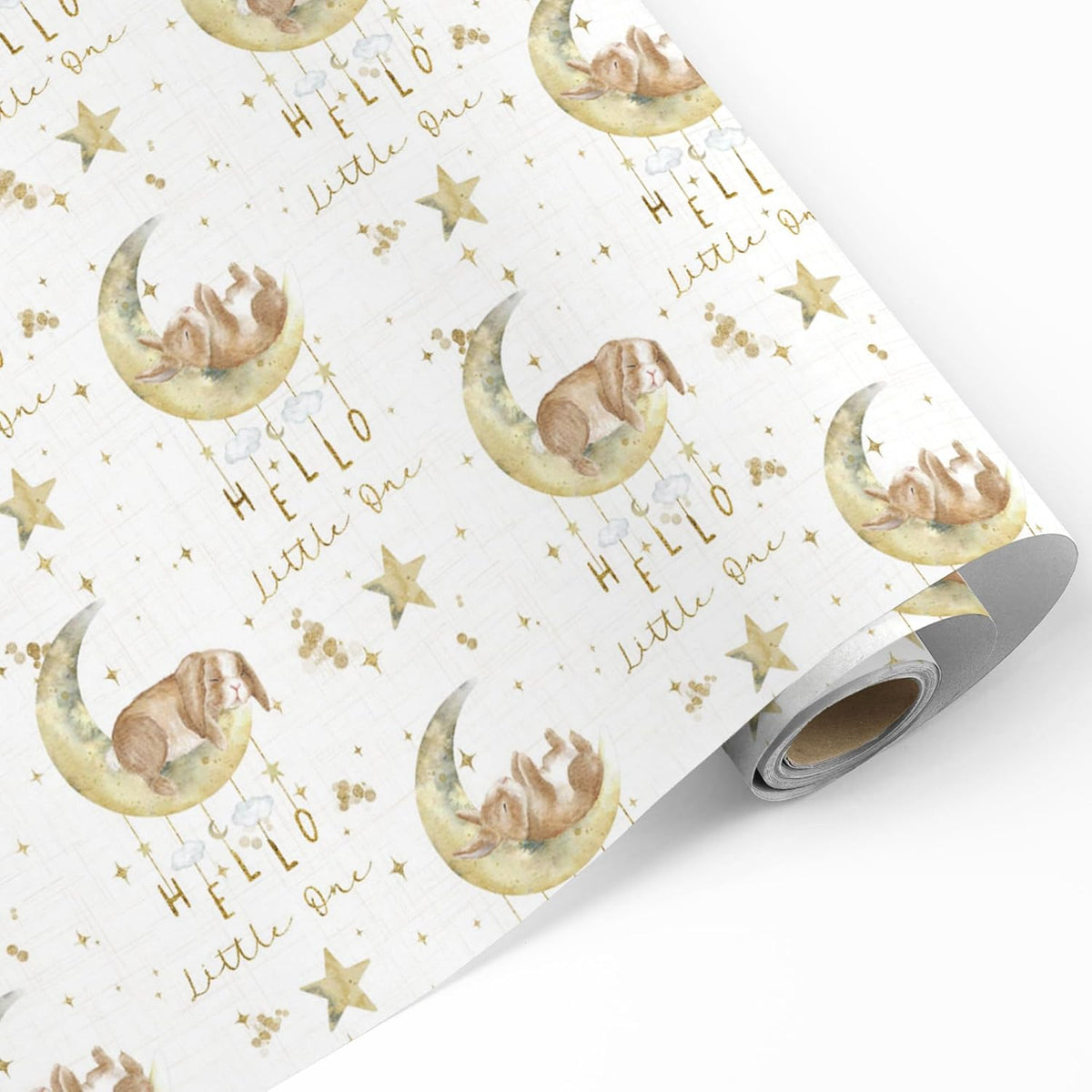 Baby Shower Wrapping Paper Roll For Kids Girls Boys - White Gift Wrap With Bunny, Moon And Hello Little One Design For Baby Shower, Birthday, Newborn - 17.5" × 26 Ft