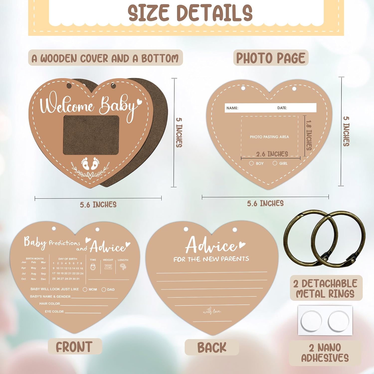 Welcome Baby Shower Advice - 45 Pcs Heart Baby Predictions And Advice Cards, Wood Guest Book Keepsake For New Parents, Gender Neutral Party Activity
