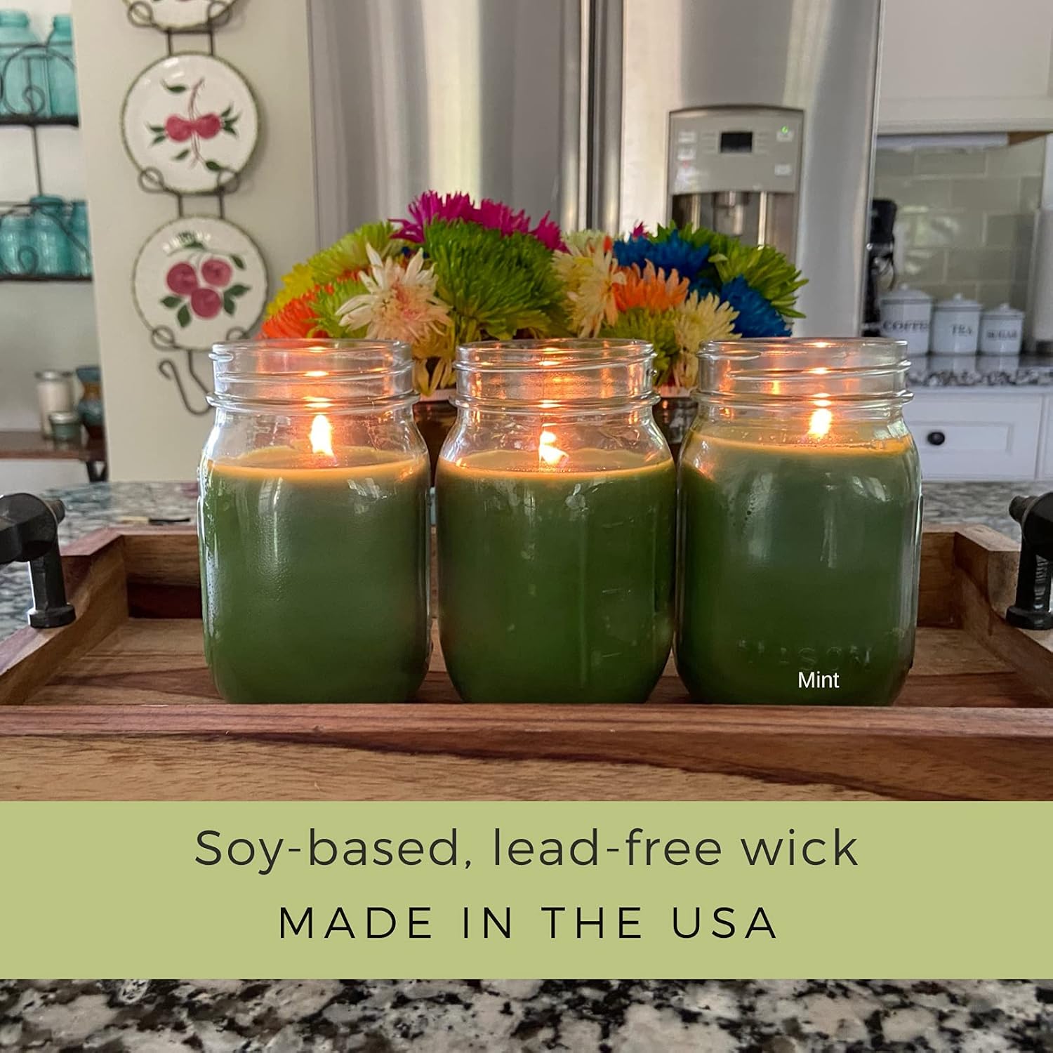 Mint Candles With Essential Oils (Set Of 3) For Patio, Deck, Outdoor Or Indoor Use - 88 Hour Burn - All Natural, Soy Base - Mason Jar With Lid, Made In Usa