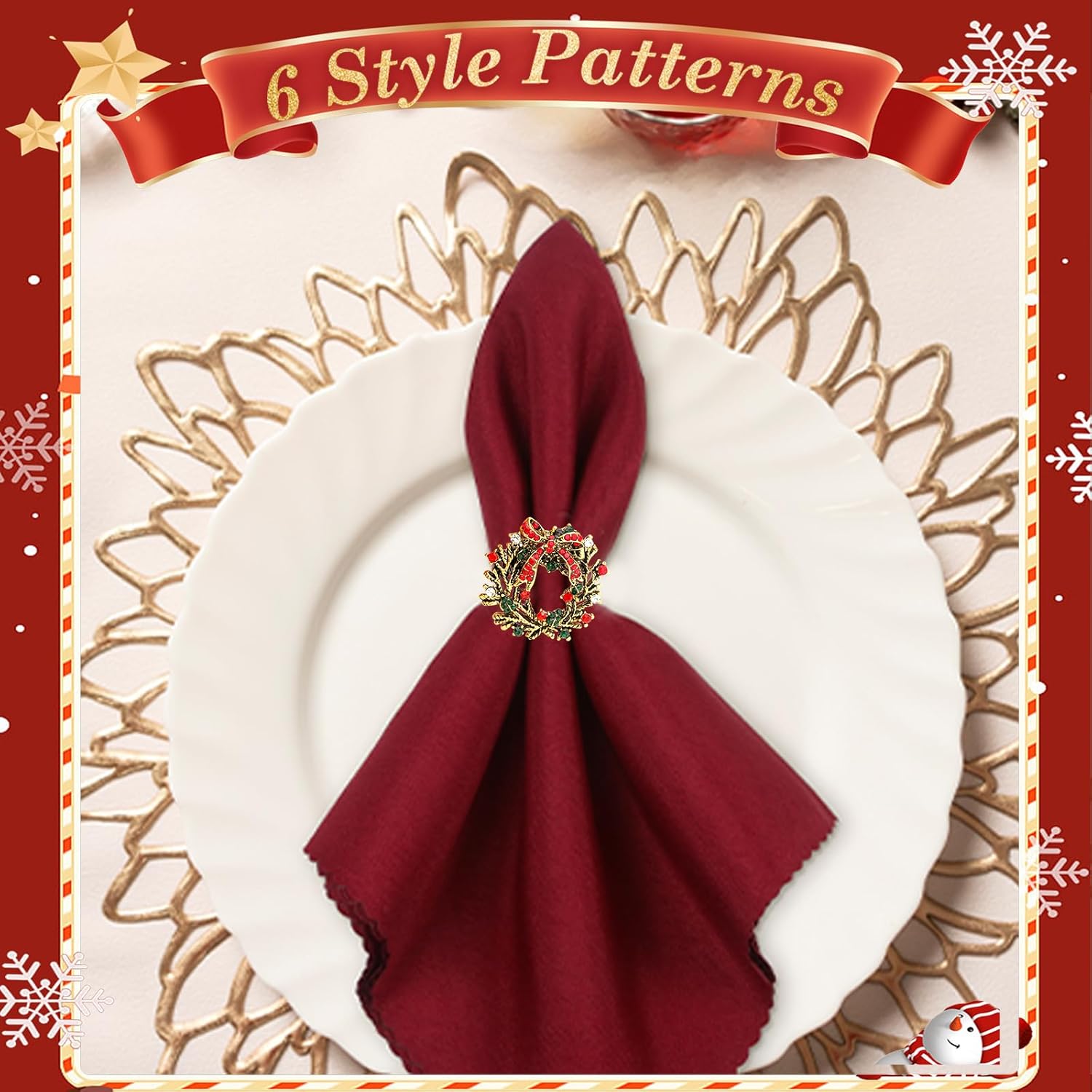 16Pcs Christmas Wreath Napkin Rings Set Of 8 And 8 Christmas Napkins Cloth, Napkins Holdes For Dinning Table Setting Decoration, Xmas Dinner Tables Rings For Winter Party