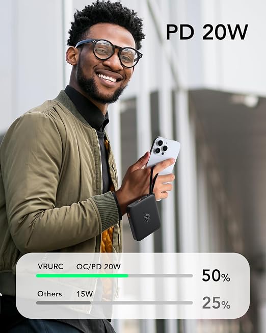 10000mAh Portable Power Bank 22.5W Fast Charging with Built In Cables LED Display Black