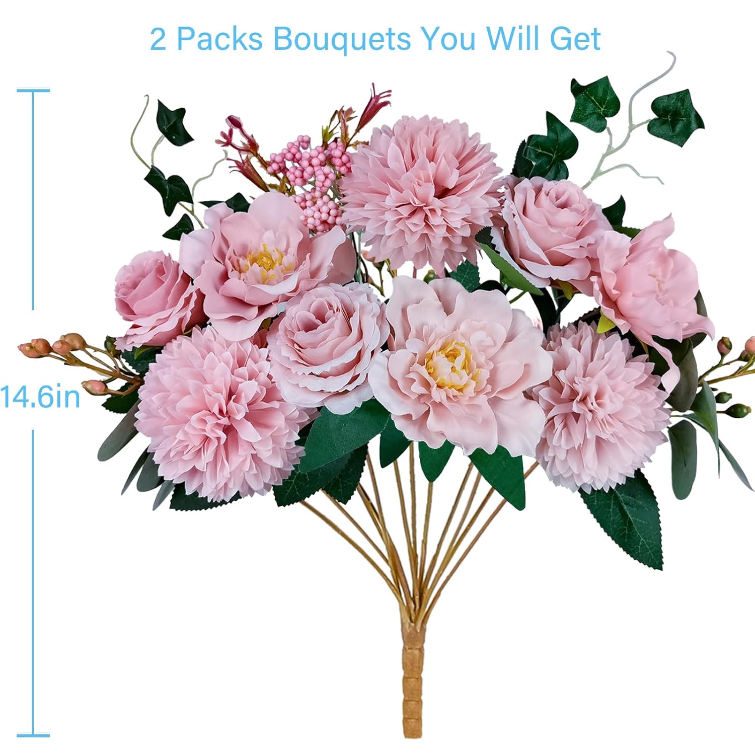 Premium Pink Silk Flower Bouquets, Artificial Chrysanthemums, Fake Flowers Roses Peonies Decoration, Pink Faux Floral Arrangements For Wedding Home Decor Table Centerpieces