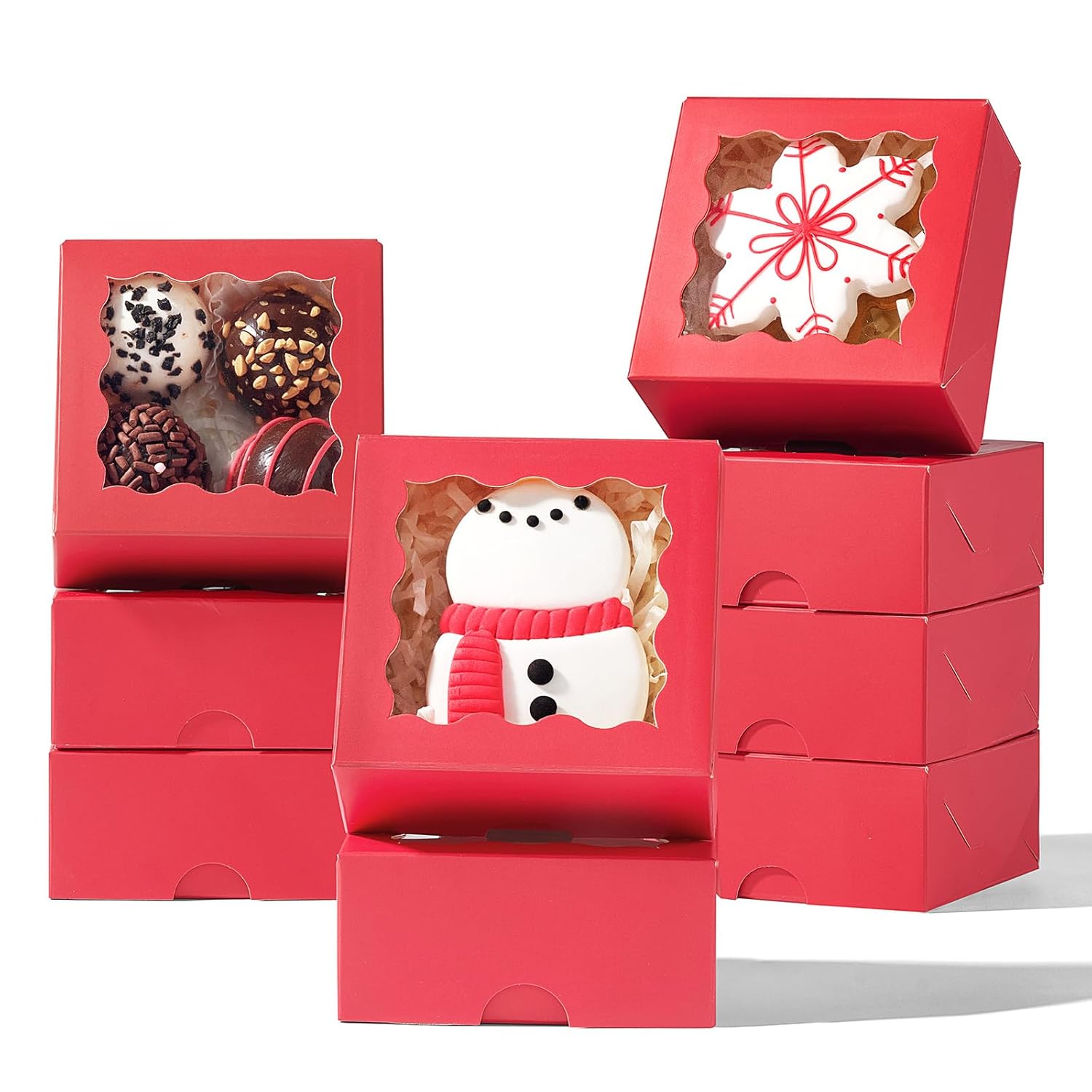 50Pcs 3.25X3.25X1.5 Inches Red Small Bakery Boxes With Window - Cookie Macaron Mini Cake & Truffle Gift Boxes For Christmas Gifts Birthday Wedding Valentine'S Day Party Favors