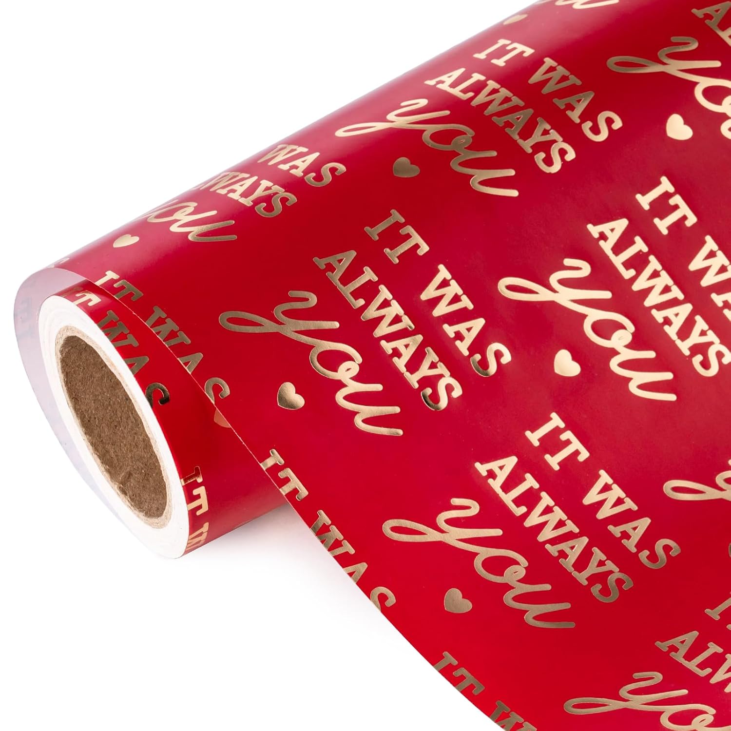 Valentines Day Wrapping Paper Roll - Mini Roll - 17 Inch X 16.5 Feet - Red Wrapping Paper With Gold Foil It Was Always You For Valentine'S Day, Anniversary, Birthday, Wedding
