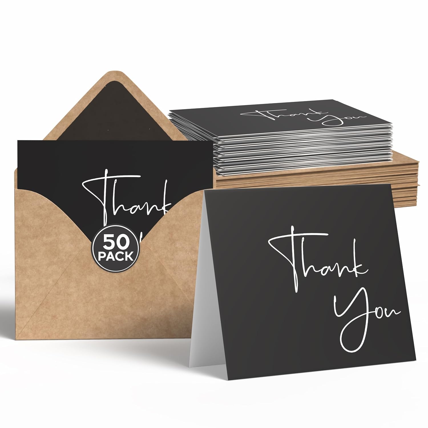 50 Pack Thank You Cards With Envelopes, Stickers, 3.5X5 Inch Blank Thank You Notes - Bulk Box Set Notes For Graduation, Wedding, Small Business, Baby & Bridal Shower Card - Black