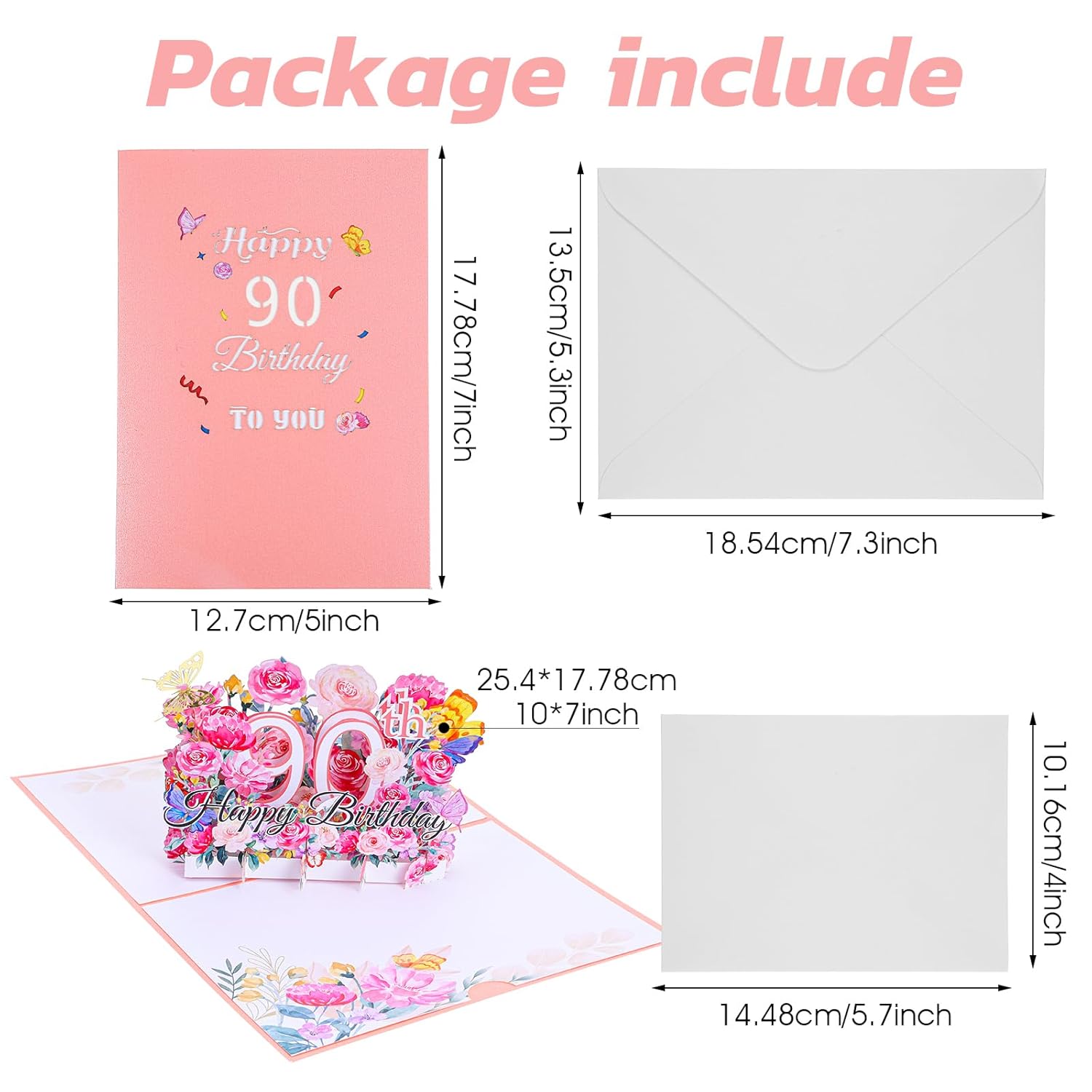 Happy 90Th Birthday Card, 3D Floral Pop Up 90Th Birthday Cards For Women Wife Mom Sister Friend, Elegant Greeting Cards Birth Day Gifts Includes Blank Envelope, 5" X7"