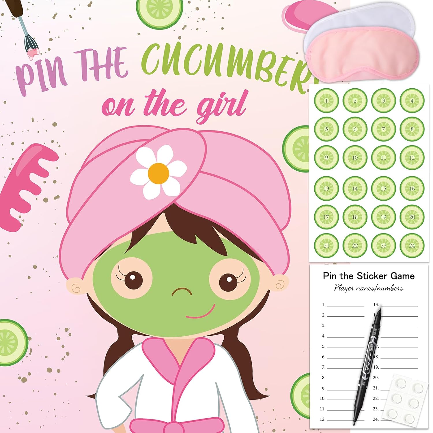 Spa Party Games Pin The Cucumbers On The Girl With Cucumber Stickers, Large Games Poster For Kids Girls Women Birthday Carnival Party Supplies
