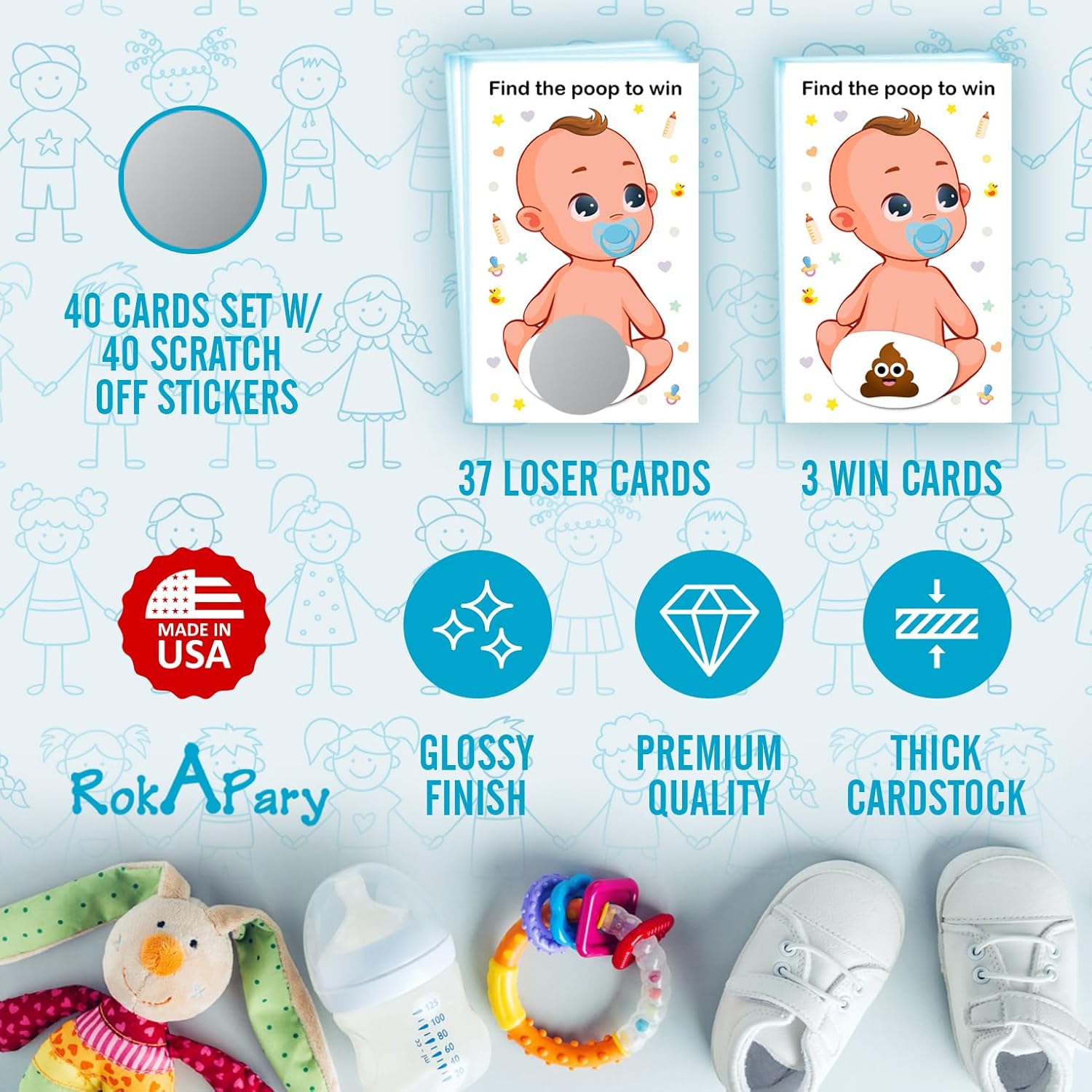Baby Shower Boy Scratch Off Poop Game, Easy To Play Silly Games, Funny Idea, Ice Breaker Activity. Raffle Cards, Blue Pacifier, Set Of 40 Cards Made In Usa