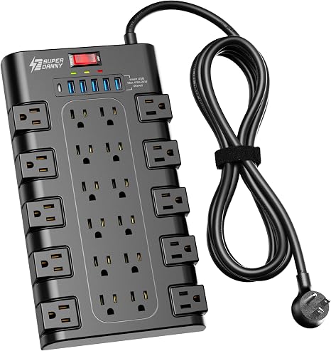 Surge Protector Power Strip 22 Outlets 6 USB Ports 2100J 6.5FT Flat Plug Extension Cord Black