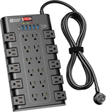 Surge Protector Power Strip 22 Outlets 6 USB Ports 2100J 6.5FT Flat Plug Extension Cord Black