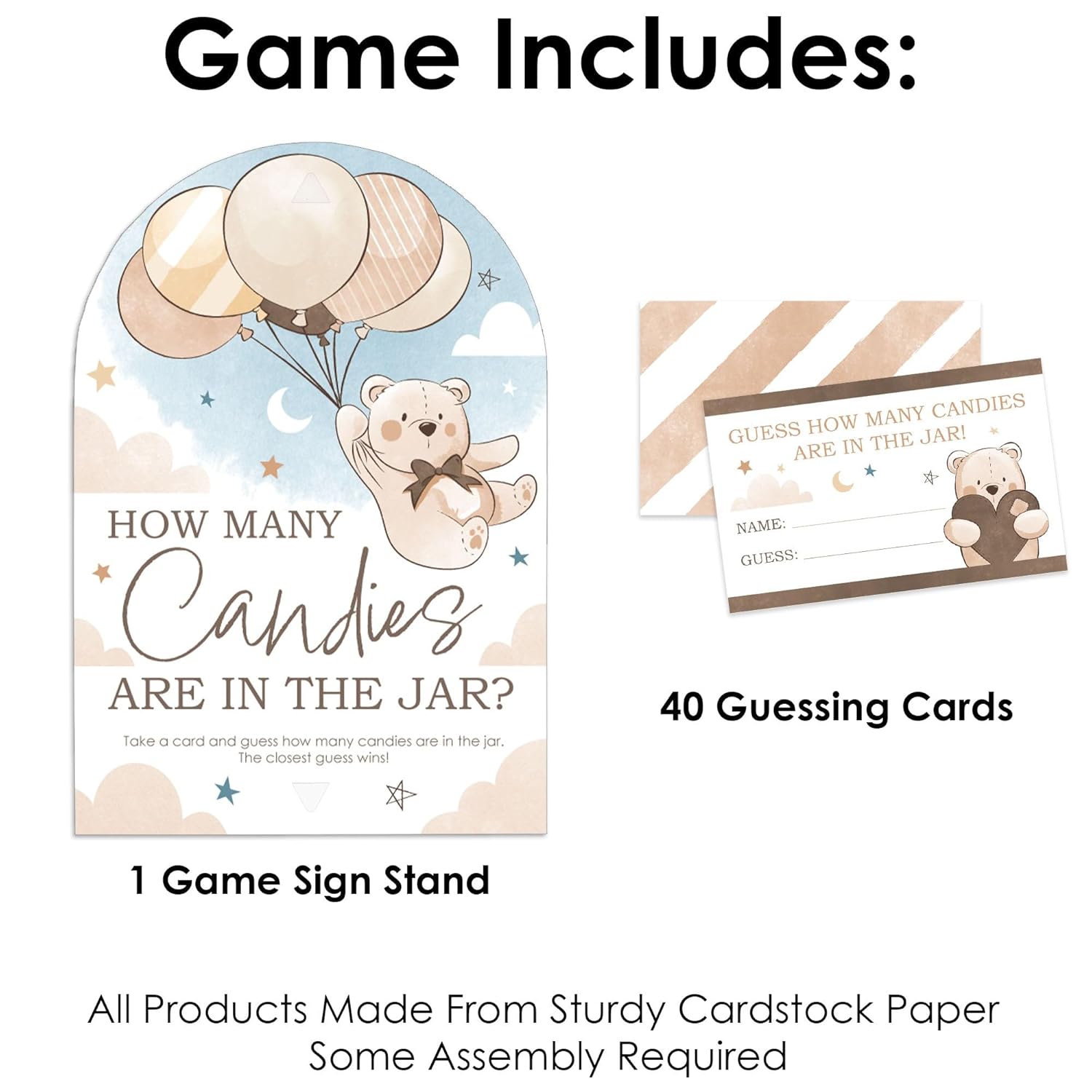 Big Dot of Happiness We Can Bearly Wait - How Many Candies Teddy Bear Baby Shower Game - 1 Stand and 40 Cards - Candy Guessing Game