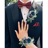 Blue Corsage And Boutonniere Set For Bride Groom, Artificial Rose Flower Wrist Corsage Bracelets Homecoming Flowers Prom Suit Accessories Boutonniere For Wedding Prom Party Decorations