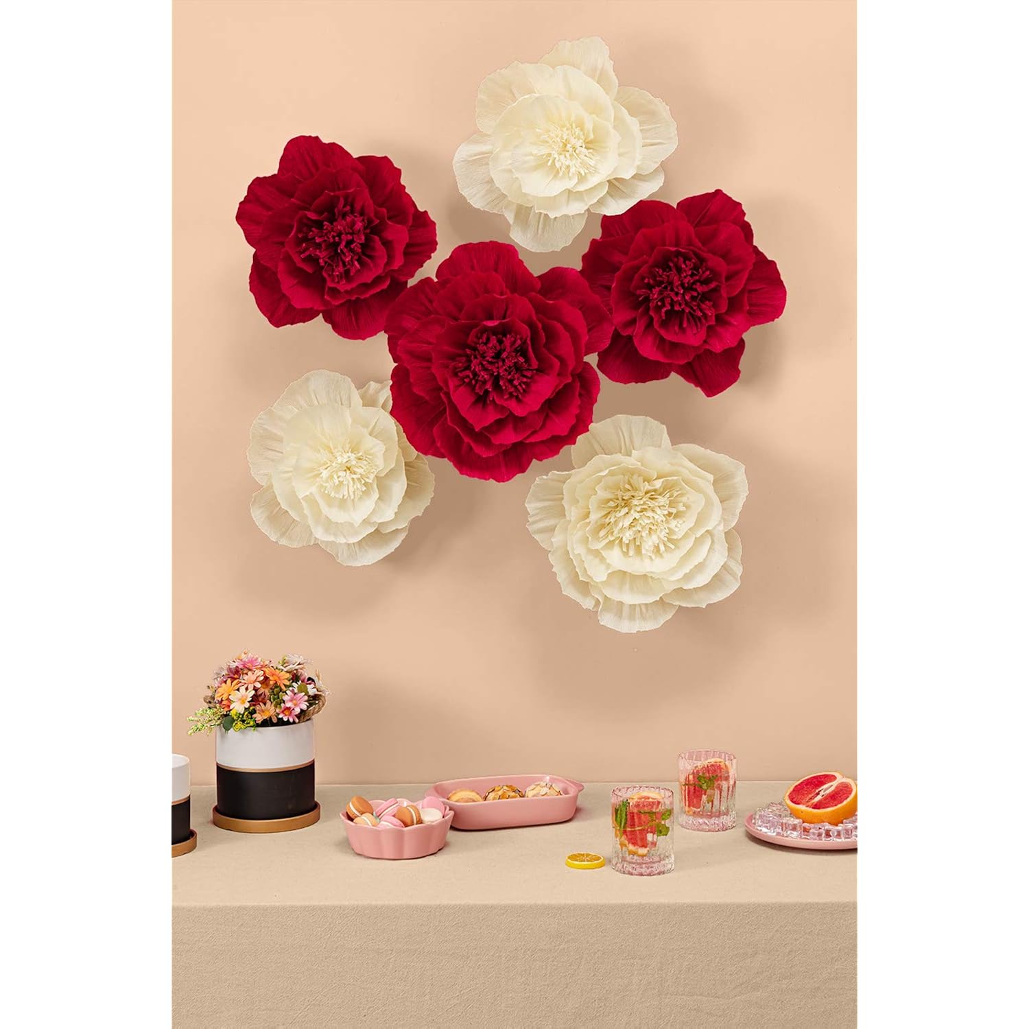 Crepe Paper Flower Decorations For Wall, Wedding Backdrop, Valentine'S Day, Nursery Room, Bridal Shower, Baby Shower, Birthday Party (Red, Beige, Set Of 6)