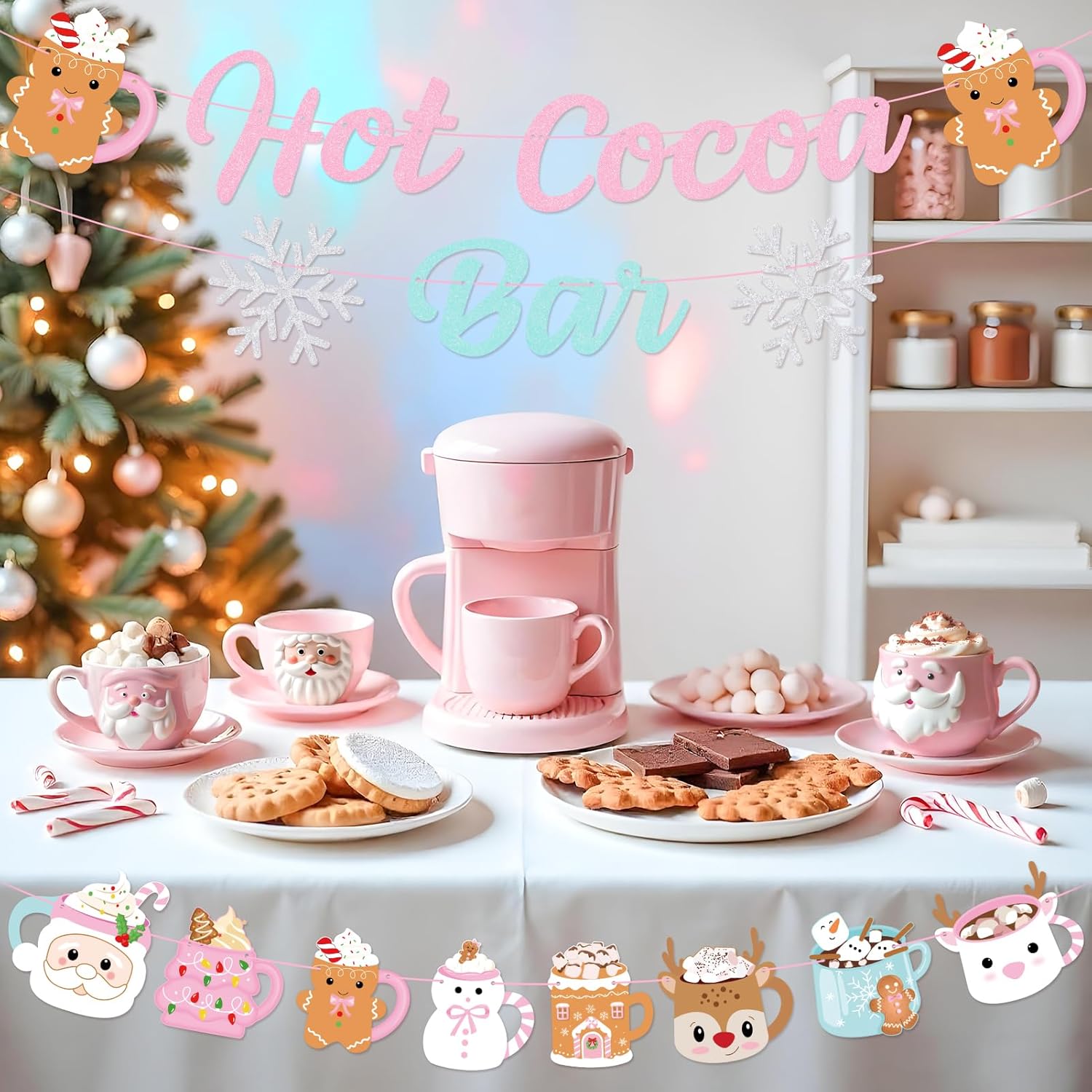 Christmas Hot Cocoa Bar Decoration Kit, Hot Cocoa Bar Banner Hot Cocoa Cups Garland, Pink Gingerbread Hot Chocolate Bar Supplies For Baby Shower Winter Holiday New Year Party Decor