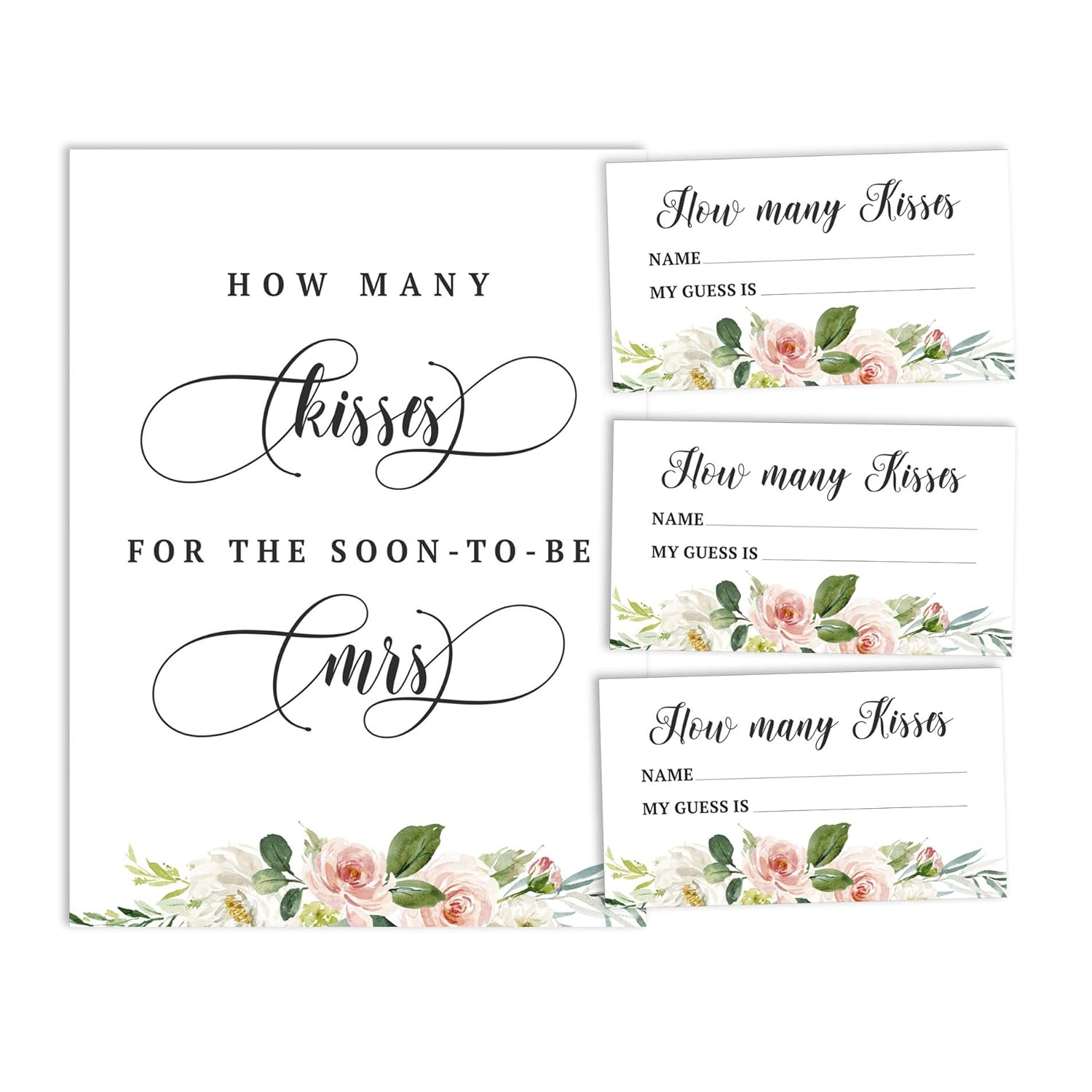 How Many Kisses For The Soon To Be Mrs Floral Brunch & Bubbly White Bridal Shower Game 1 Sign + 30 Cards