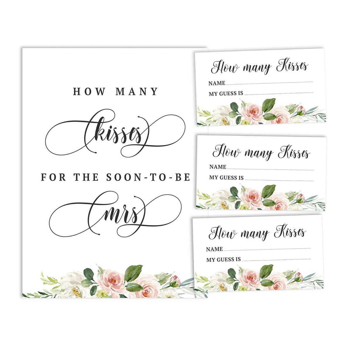 How Many Kisses For The Soon To Be Mrs Floral Brunch & Bubbly White Bridal Shower Game 1 Sign + 30 Cards