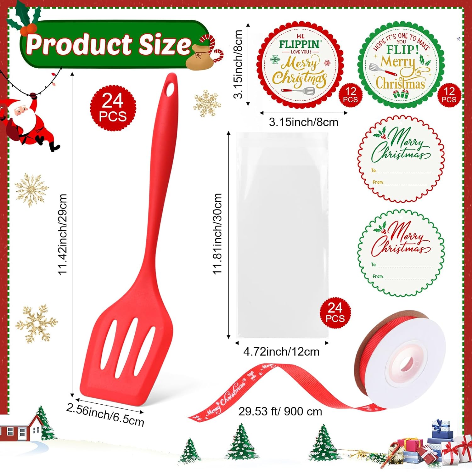 24 Pack Christmas Kitchen Utensils Gifts Bulk 13.4 Inch Silicone Spatula Turner Heat Resistant Silicone Slotted Spatula Christmas Cooking Utensils For Women Men Xmas Holiday Gifts