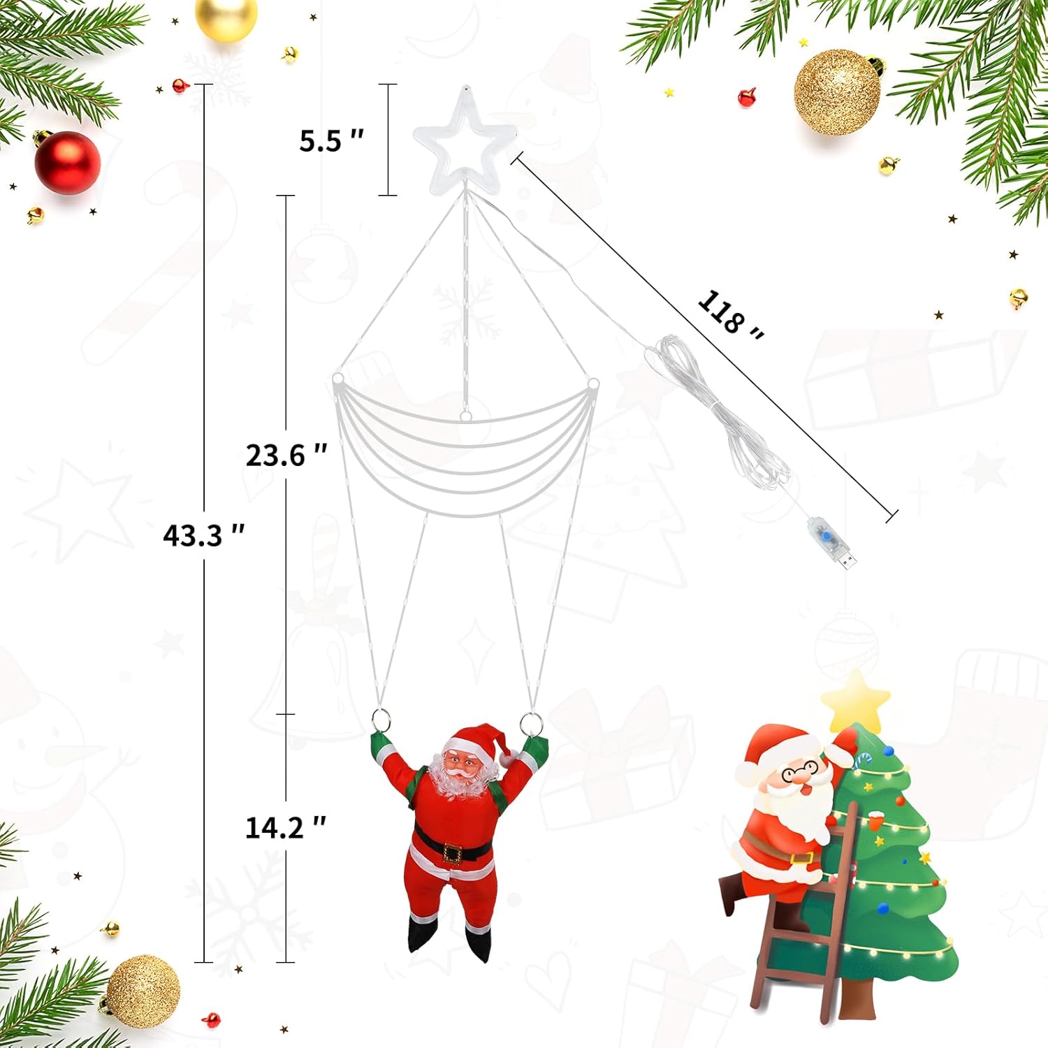 Led Christmas Parachute Lights With Santa Claus, 3.66Ft, 8 Modes Hanging Lights For Indoor Outdoor Porch Roof Eave Balco