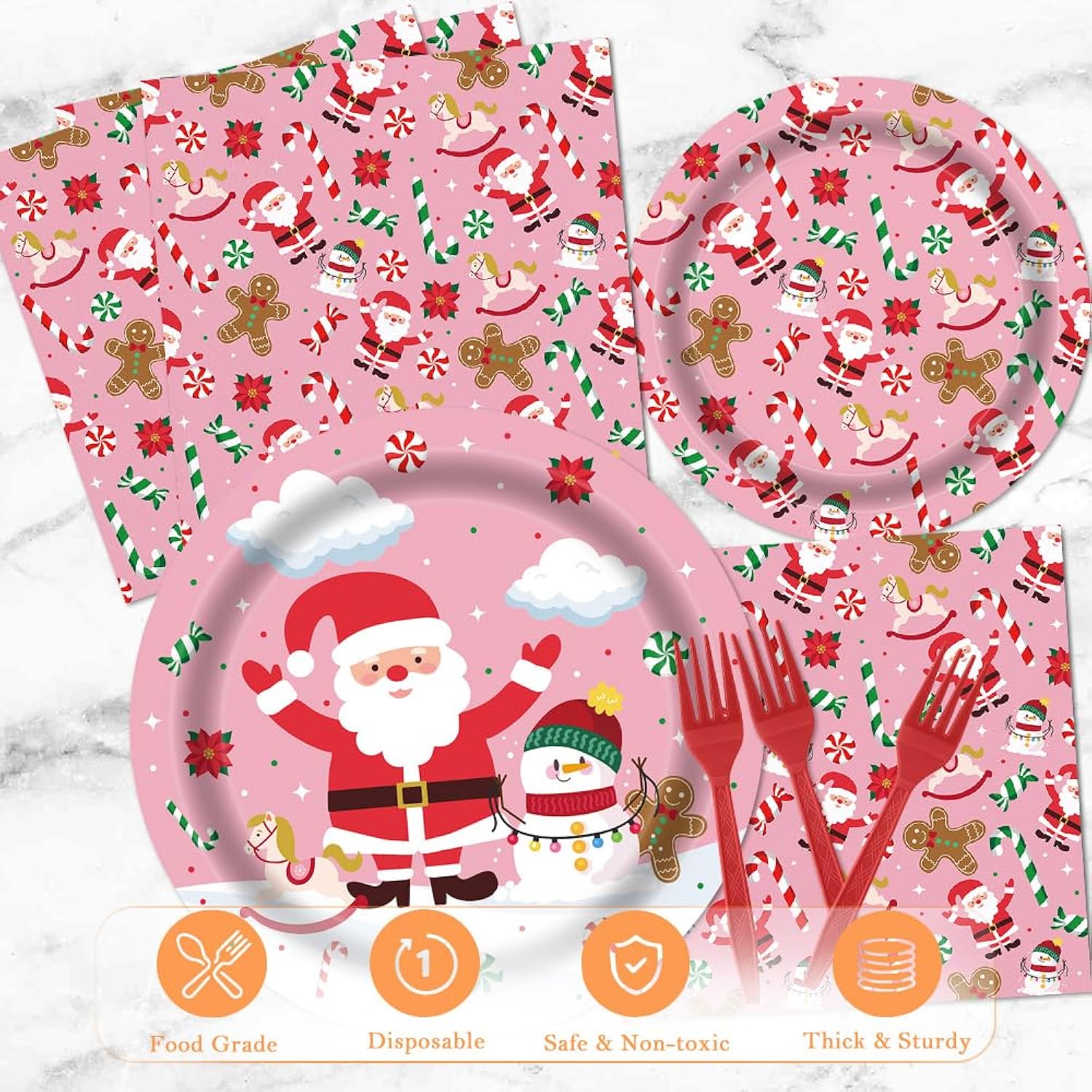 Christmas Gingerbread Man Santa Claus Pink Tableware Set 96 Pcs Disposable Plates Napkins Forks Candy Cane Snowman Pattern Santa Merry Christmas Party Decorations Serve 24 Guests
