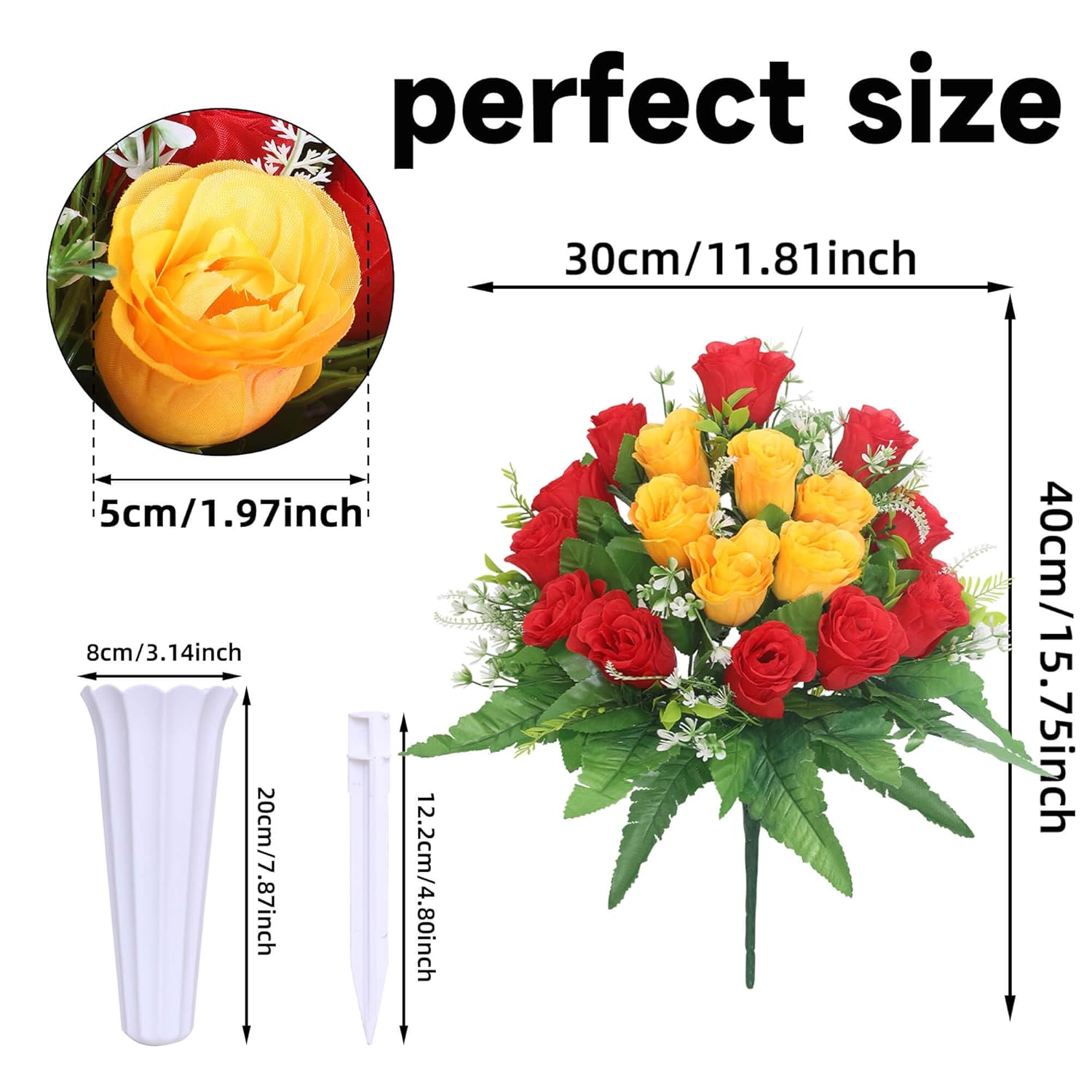 Set Of 2 Artificial Cemetery Flower, Outdoor Grave Decorations Roses,Cemetery Memorial Flowers With Vase For Gravesite Outdoor Headstone Tombstone Decorations (Red Yellow)