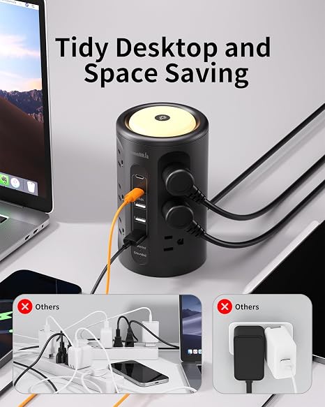 Power Strip Tower with Night Light 12 AC Outlets 3 USB A 2 USB C 10 Ft Cord