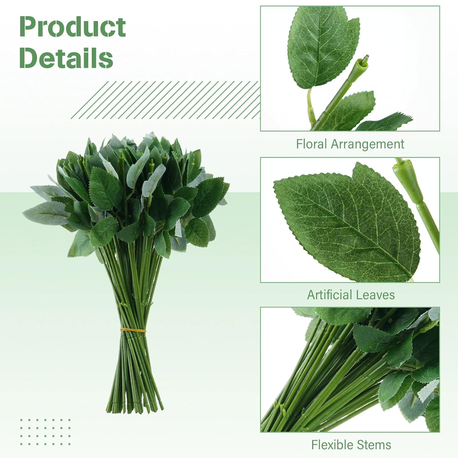 50 Pcs 13'' Rose Stems With Leaves, Fake Flower Stems, Faux Green Leaves Stems, Floral Arrangement Supplies, Diy Artificial Flowers Tools For Bouquet Wedding Party