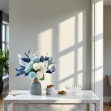 Blue Artificial Flower Bouquet In Ceramic Vase, White And Blue Ball Chrysanthemum With Eucalyptus, Minimalist Desk Decor For Office Home Centerpiece