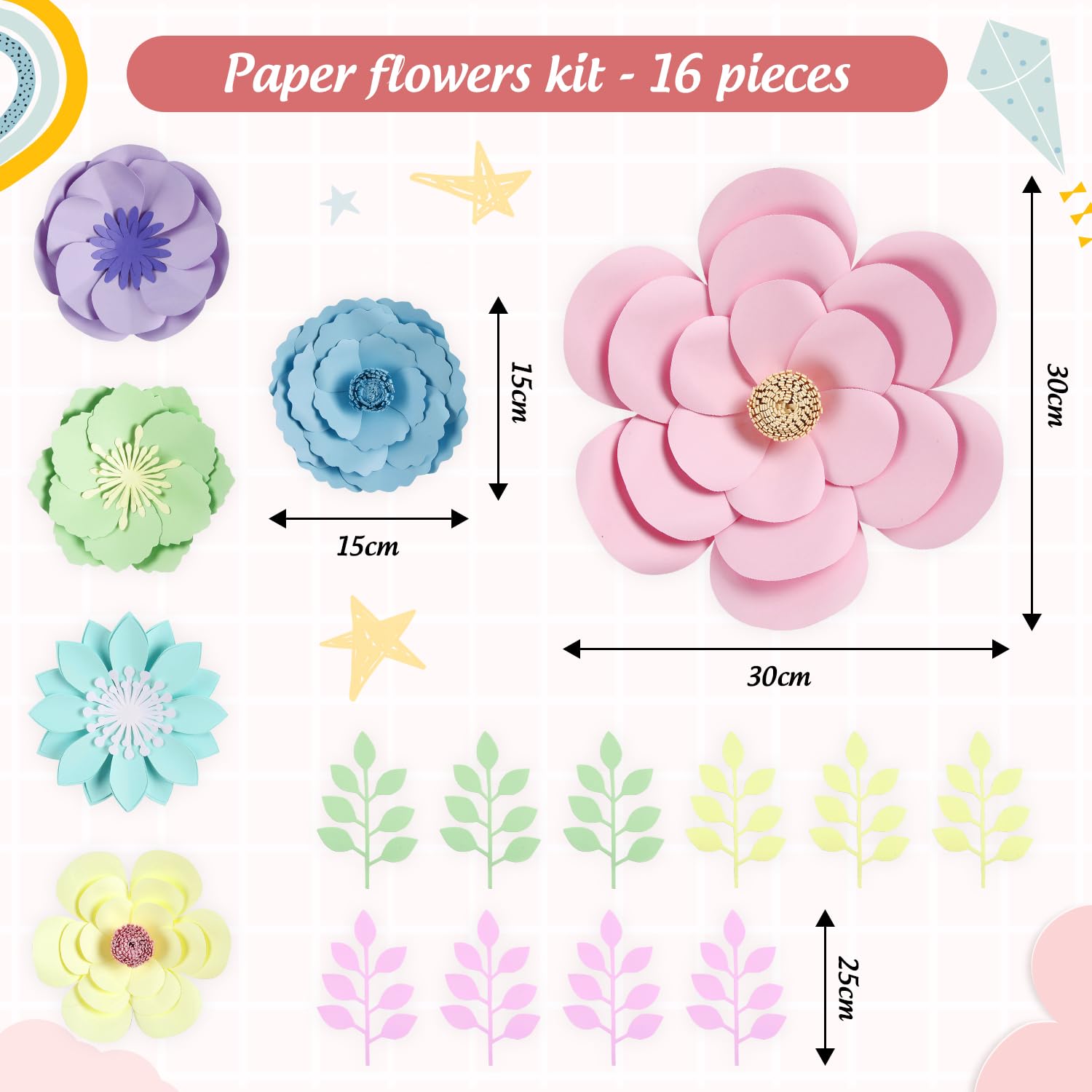 16 Pcs Pastel Floral Paper Flowers Decorations For Wall Monogram Sign Decorations Rainbow Macaron 3D Flowers For Birthday, Party Photo Backdrops, Classrooms, Bridal Shower, Baby Shower