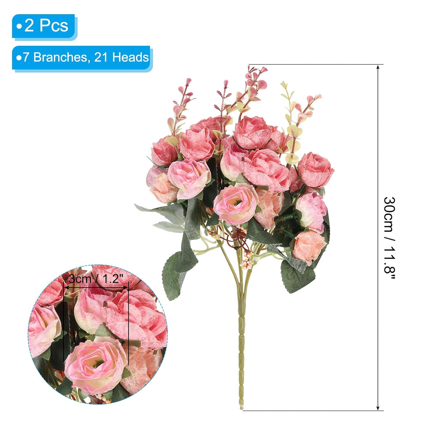 7 Branch 21 Heads Artificial Silk Mini Rose With Stem, 2 Pack Fake Flowers Leaf Rose Decor Bouquet For Wedding Home Office Decoration, Coral Pink