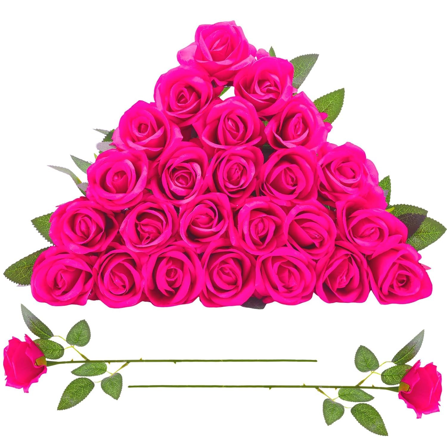 24 Pcs Hot Pink Rose Artificial Flowers With Long Stem Real Touch Silk Roses Bulk For Wedding, Party, Table Centerpieces Bright Pink Bouquet, Bridal, Home Decor