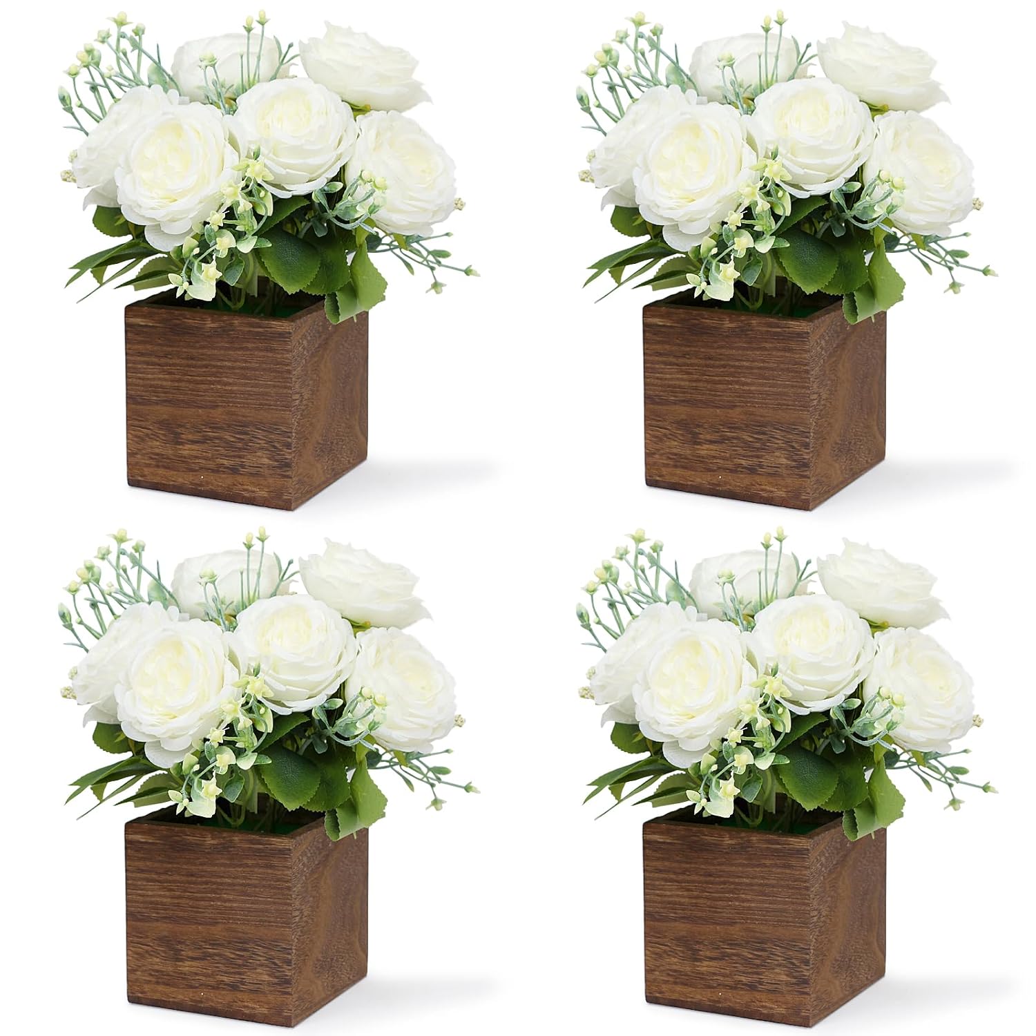 Dining Table Centerpiece Set Of 4 - Artificial Peony Flowers With Wooden Vase - Boho Fake Rose Bouquets Small Faux Silk Floral Arrangement For Wedding Party Bathroom Home Décor, White