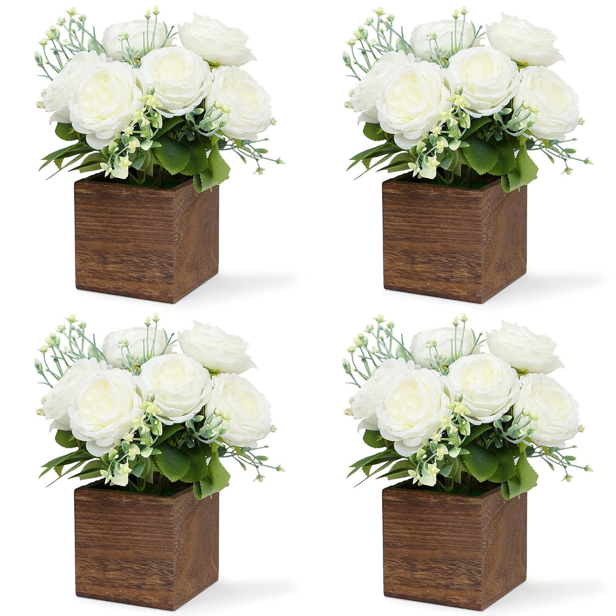 Dining Table Centerpiece Set Of 4 - Artificial Peony Flowers With Wooden Vase - Boho Fake Rose Bouquets Small Faux Silk Floral Arrangement For Wedding Party Bathroom Home Décor, White