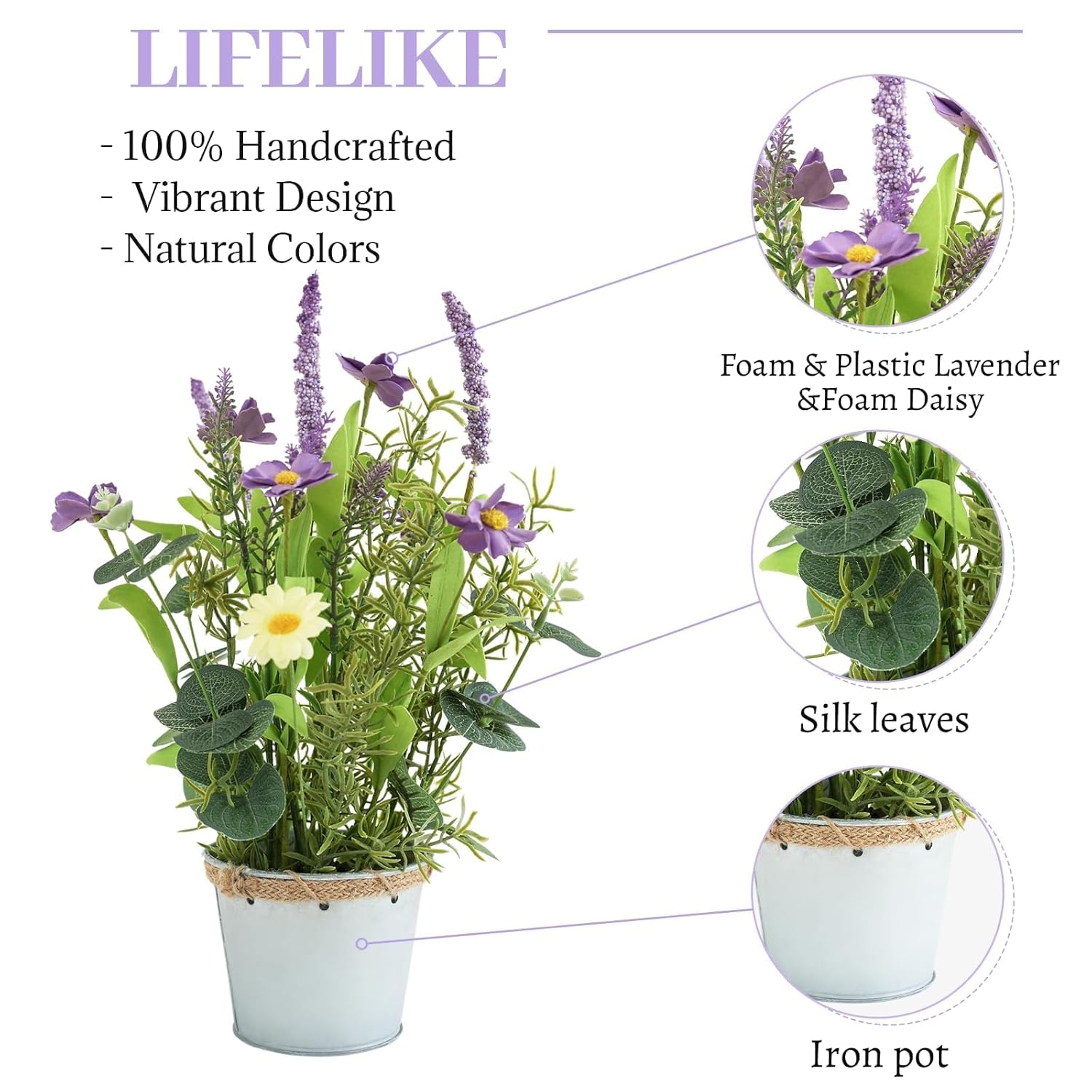Artificial Flowers Potted, 12.2'’ Flower Arrangement W/Daisy & Lavender In Metal Pot, Fake Plants For Home Wedding Restaurant Dinner Decoration Shelf Table, Purple & Green