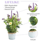 Artificial Flowers Potted, 12.2'’ Flower Arrangement W/Daisy & Lavender In Metal Pot, Fake Plants For Home Wedding Restaurant Dinner Decoration Shelf Table, Purple & Green