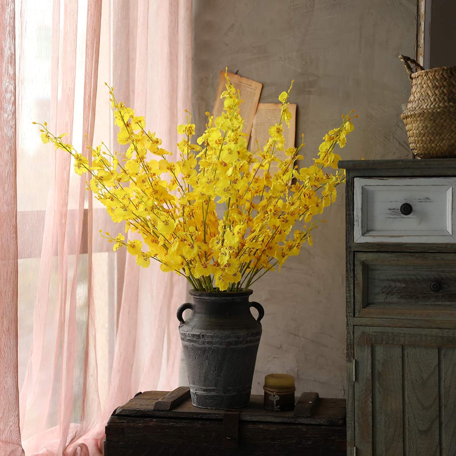 12Pcs Artificial Orchids Flowers Fake Silk Dancing Lady Orchid Faux Long Stem Flowers In Bulk For Home Wedding Office Party Festive Indoor Outdoor Decoration (Yellow)