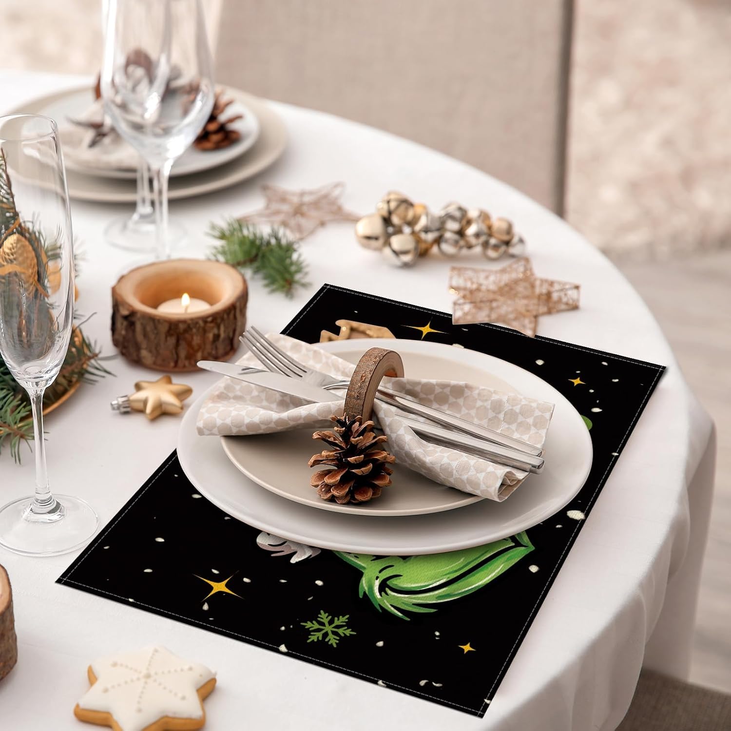 Christmas Placemats Set Of 4,Winter Merry Xmas Ho Ho Ho Heat-Resistant Place Mats,Merry Xmas Holiday Table Decors For Farmhouse Kitchen Dining Party 12X18 Inch