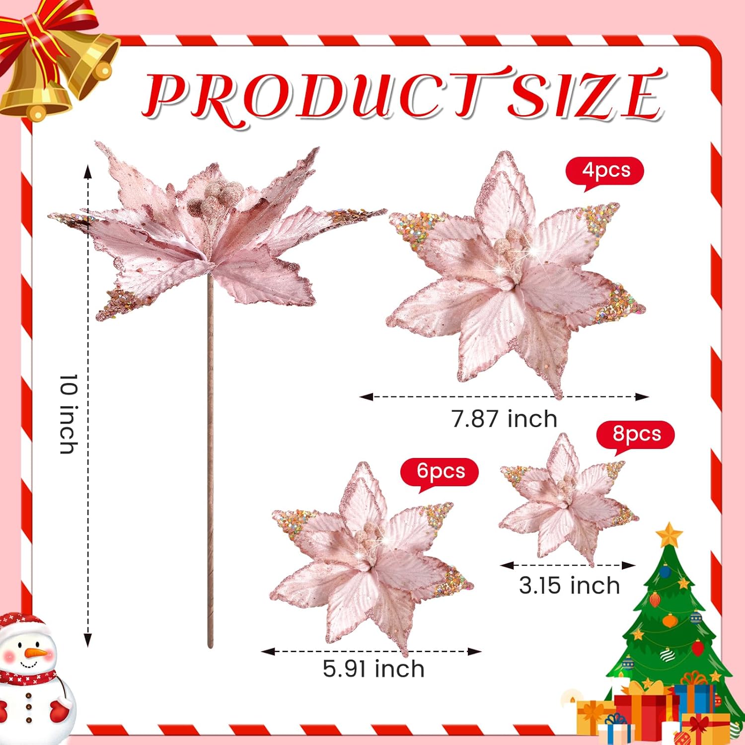 18 Pcs 3 Size Velvet Christmas Poinsettia Flowers Glitter Artificial Poinsettia Flowers With Stems Christmas Tree Ornaments For Xmas Tree Wreath Wedding New Year Holiday Decor(Pink)