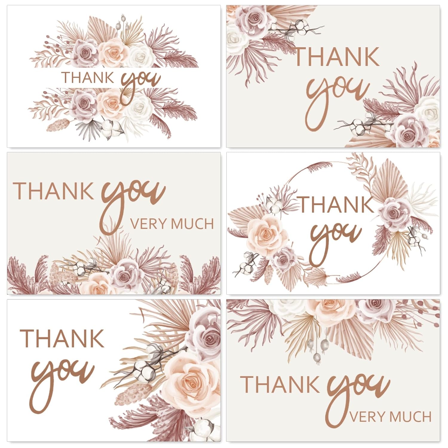 Boho Floral Thank You Cards Bulk 36 Pack Boho Rose Bouquets Note Cards With Envelope Stickers Flower Blank Cards For Wedding Bridal Shower Baby Shower Birthday Party, 4 X 6 Inch