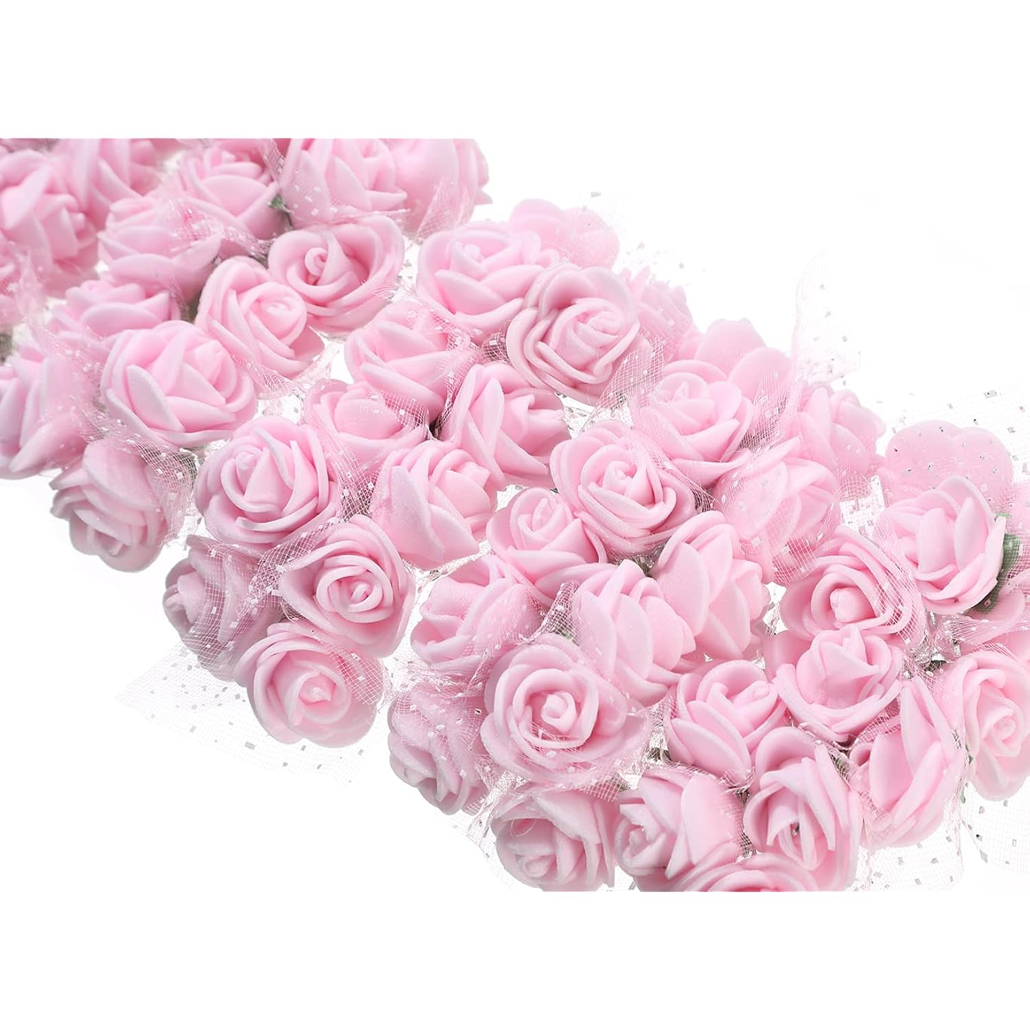 144Pcs Mini Fake Roses Artificial Foam Rose Heads With Wire Rods Diy Wedding Flowers Accessories Make Bridal Hair Clips Headbands Dress,Light Pink