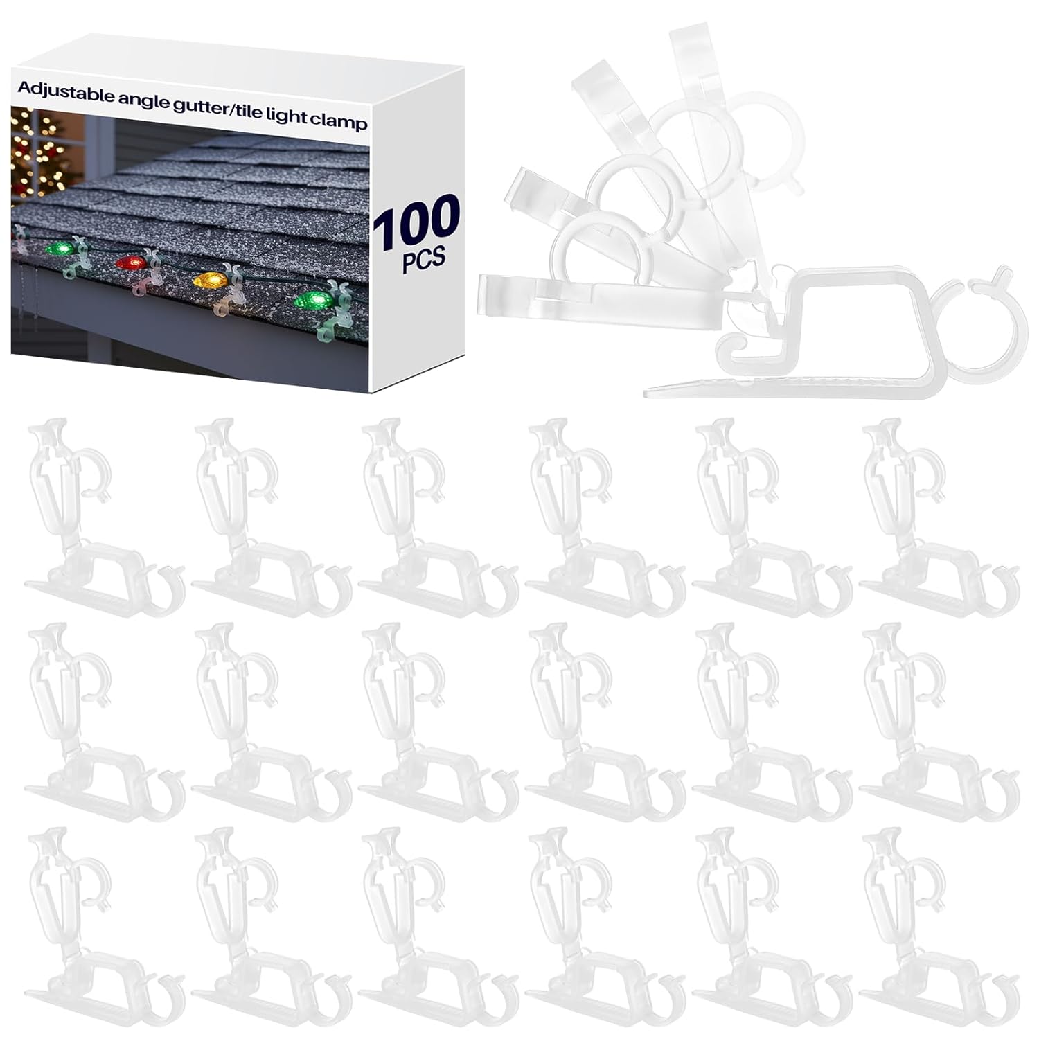 100 Pcs Christmas Multi-Directional Gutter Light Clips Plastic Shingle Roof Clips With Four Locking Positions Fits C7 C9, Icicle, Rope Miniature String Light For Christmas Outdoor Decor