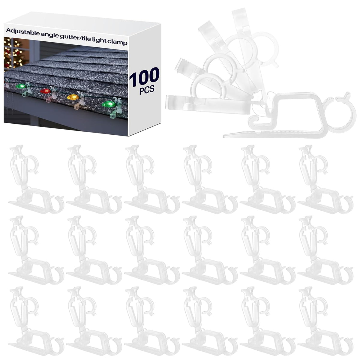 100 Pcs Christmas Multi-Directional Gutter Light Clips Plastic Shingle Roof Clips With Four Locking Positions Fits C7 C9, Icicle, Rope Miniature String Light For Christmas Outdoor Decor