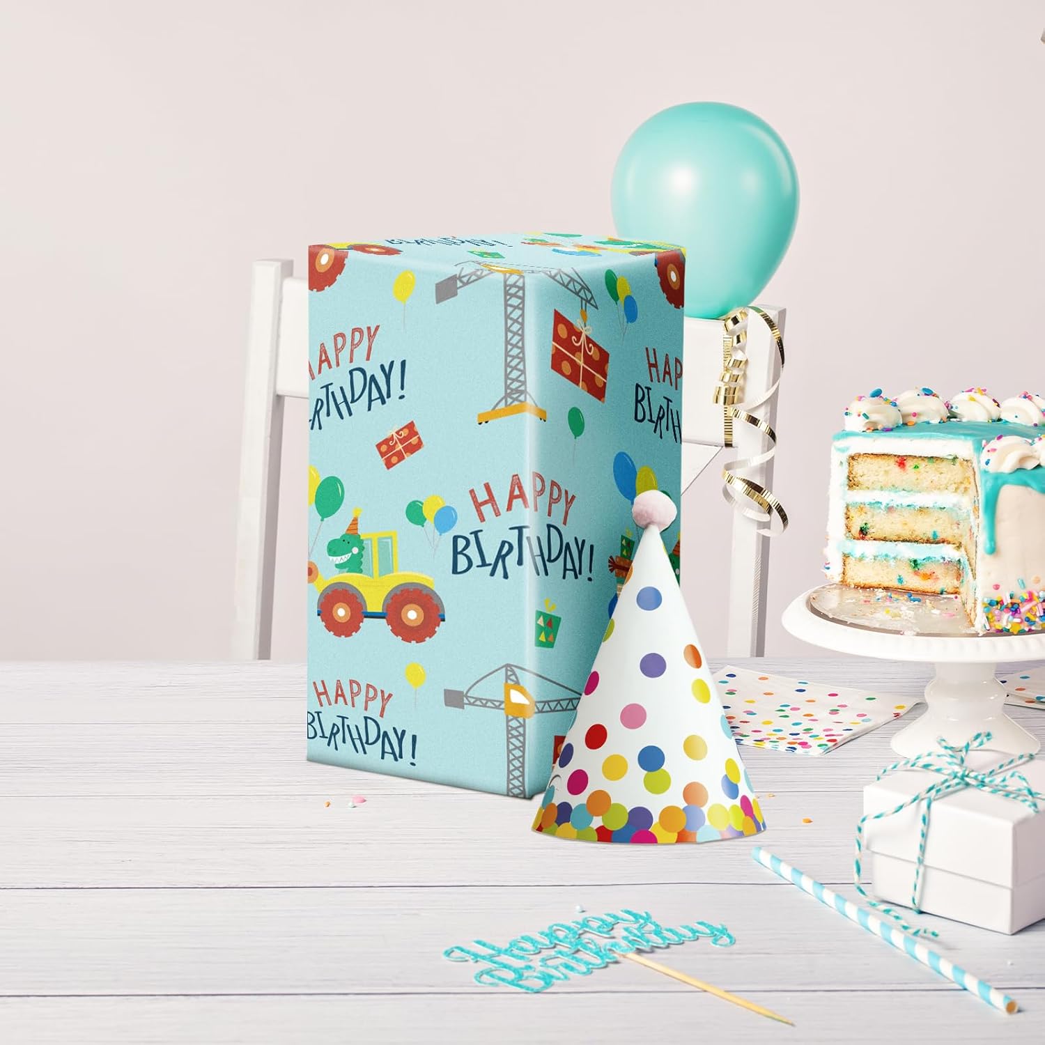 Birthday Wrapping Paper For Kids Boys, Mini Roll, Blue Dinosaur Truck With Balloons Happy Birthday Design Gift Wrap Paper Perfect For Boys' Party Gifts, 17 Inches X 16.4 Feet