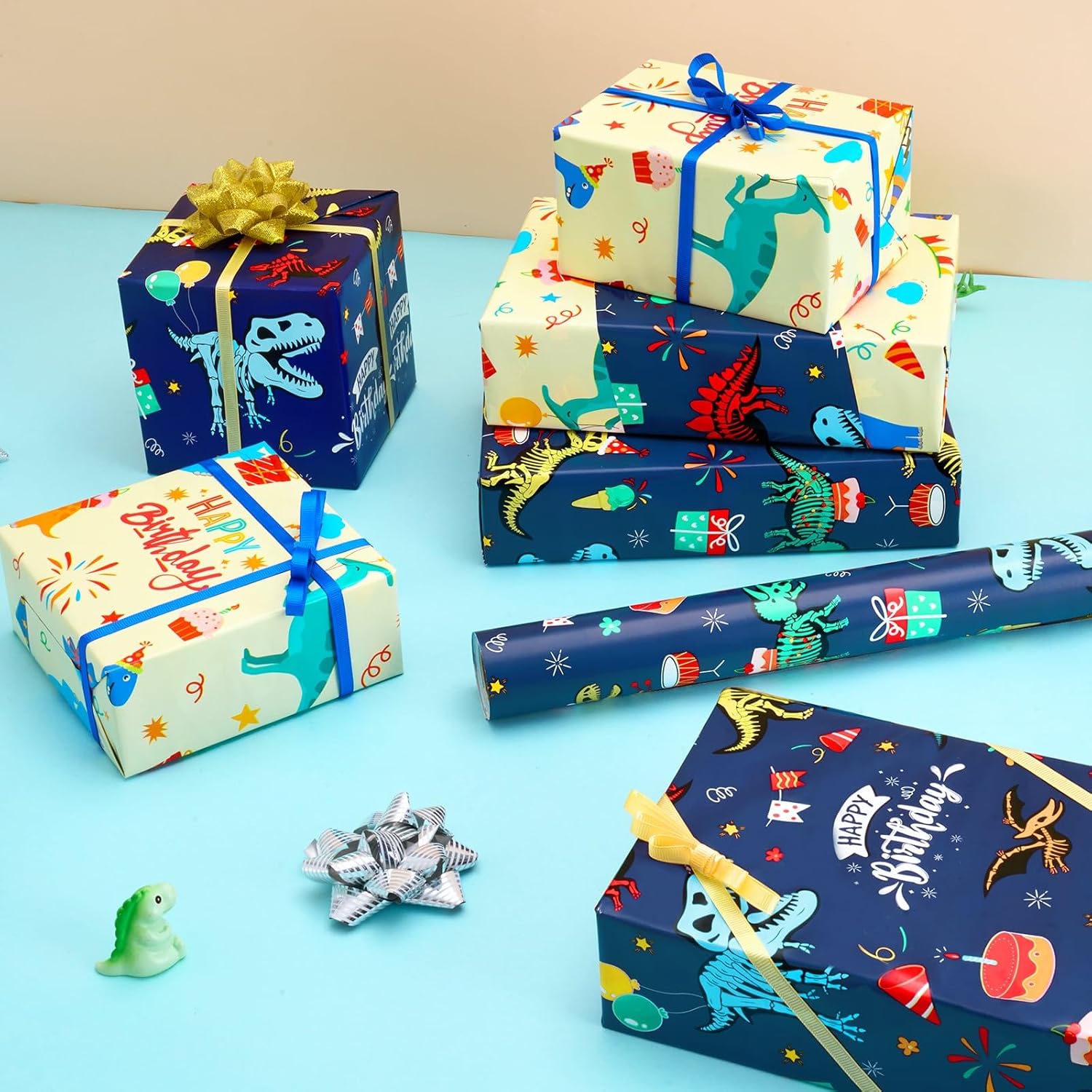 Dinosaur Birthday Wrapping Paper - 1 Roll 17” X 33 Ft Dinosaur Gift Wrapping Paper Blue Yellow Reversible Design For Boy Birthday Celebration Party Gift Packing Supply Baby Shower Wrap Paper