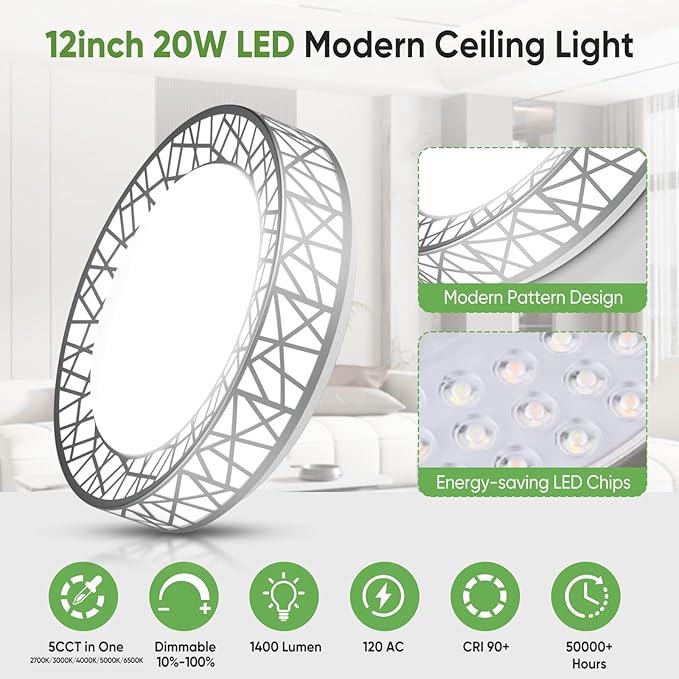 12 Inch Brushed Nickel LED Ceiling Light 20W Dimmable Flush Mount Fixture