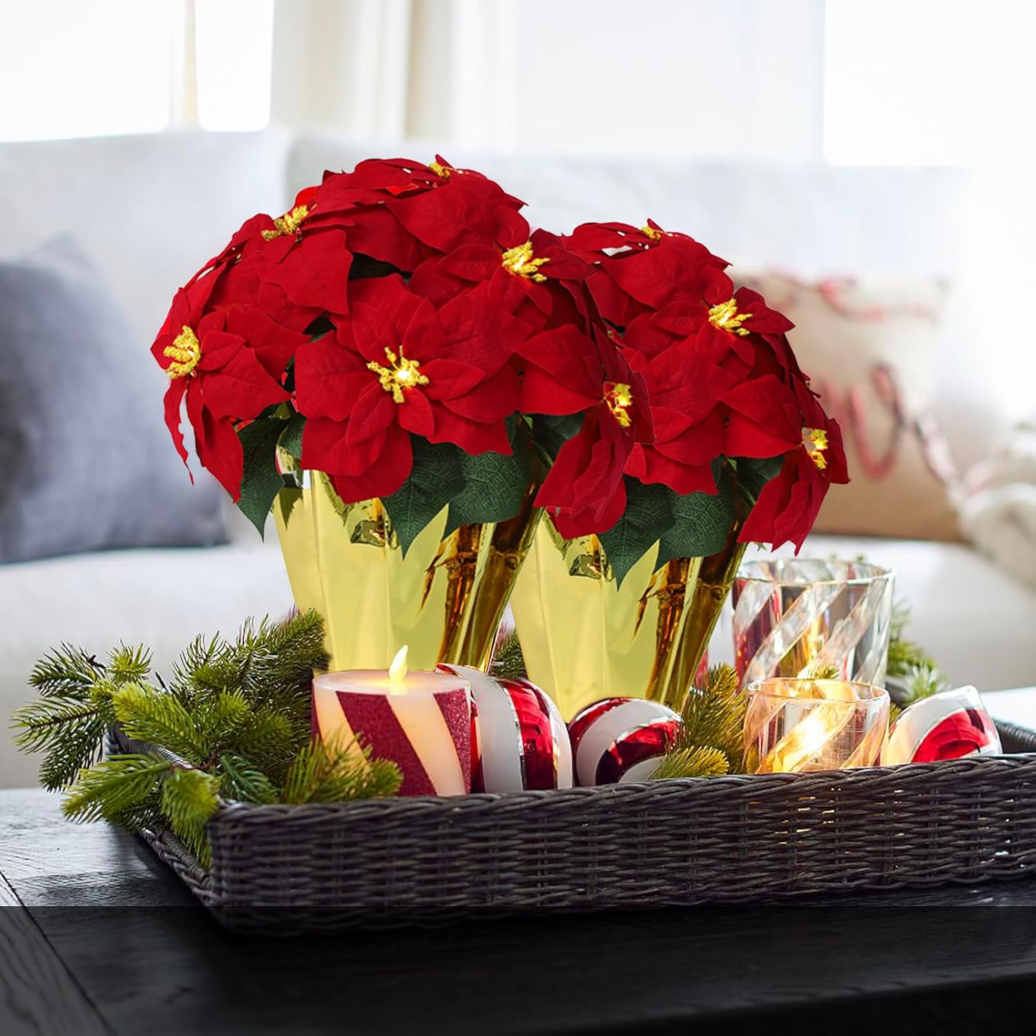 2 Pack 18" Lighted Large Artificial Poinsettias For Outdoors Led Poinsettia Flowers Artificial Faux Poinsettia Plants Poinsettia Christmas Decorations For Office Home Kitchen Decor