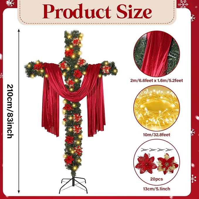 7Ft Artificial Christmas Cross Tree With A String Lights And A Red Silk Scarf Christmas Easter Decorations Jesus Christ Catholic Cross Decor He Is Risen Decorative Cross Tree For Outdoor Home Decor