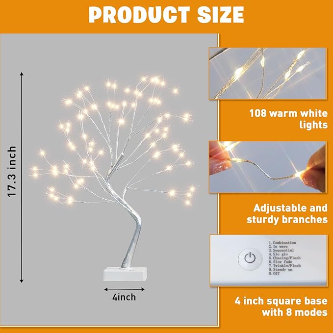2 Pack Fairy Light Bonsai Tree 108 LED Light Up Tree Decor with 8 Lighting Modes USB and Battery Powered Tabletop Spirit Tree for Home Bedroom Christmas Holiday Decorations Silver